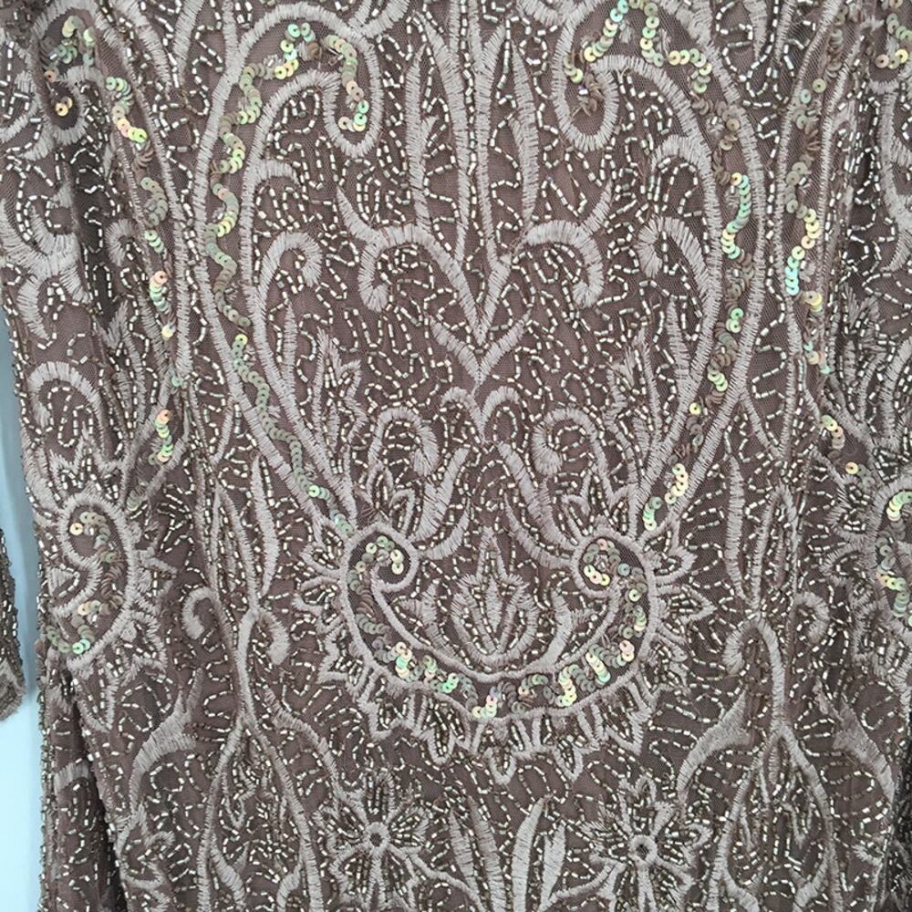 Pisarro Nights Beaded Sequin Embroidered Cocktail Dress Long Sleeve Tan Size 8 - Picture 5 of 12
